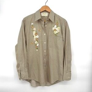 Fortune By Stan Gingham Button Up Shirt Floral Embroidery Rhinestone Cottage SM